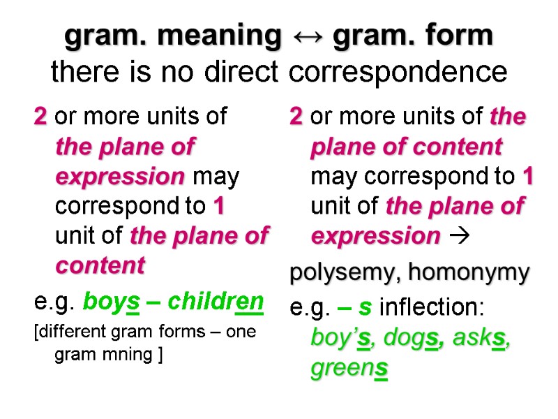 gram. meaning ↔ gram. form there is no direct correspondence 2 or more units